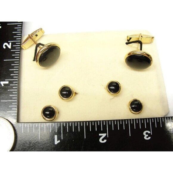 Gold Tone Black Cufflinks Shirt Buttons Set Formal Wedding Tux Vintage - Picture 10 of 11